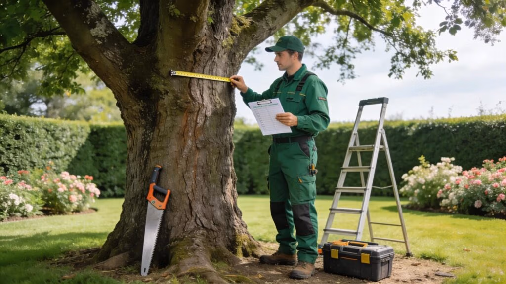 Arborist evaluating a tree for removal, demonstrating professional assessment methods and tools