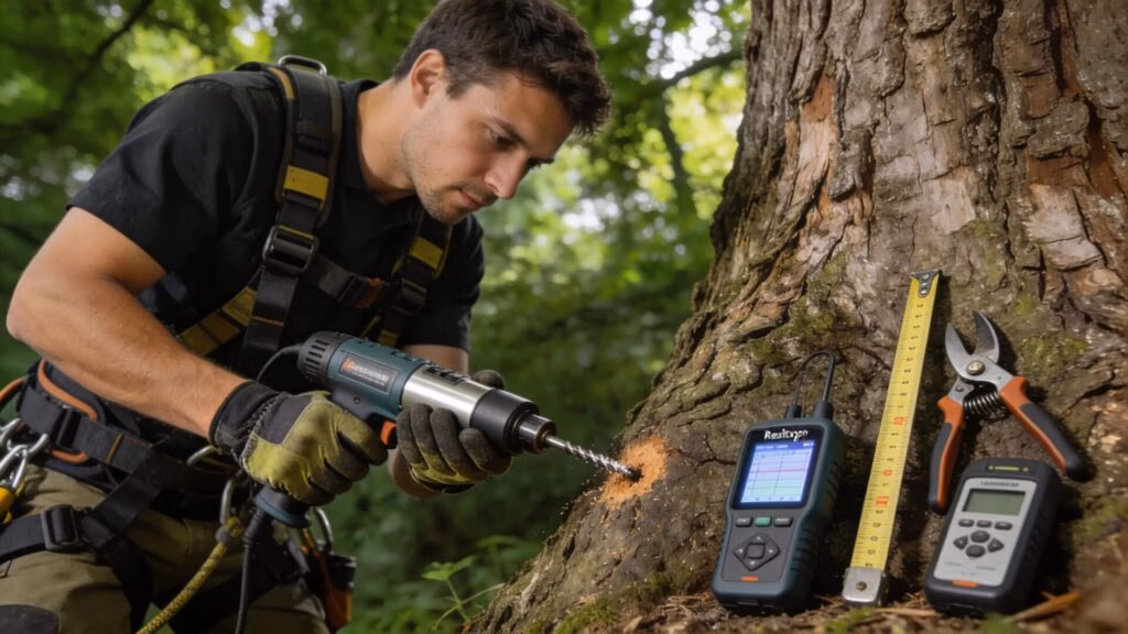 Arborist conducting a detailed inspection with advanced tools, showcasing methodologies of tree health assessments
