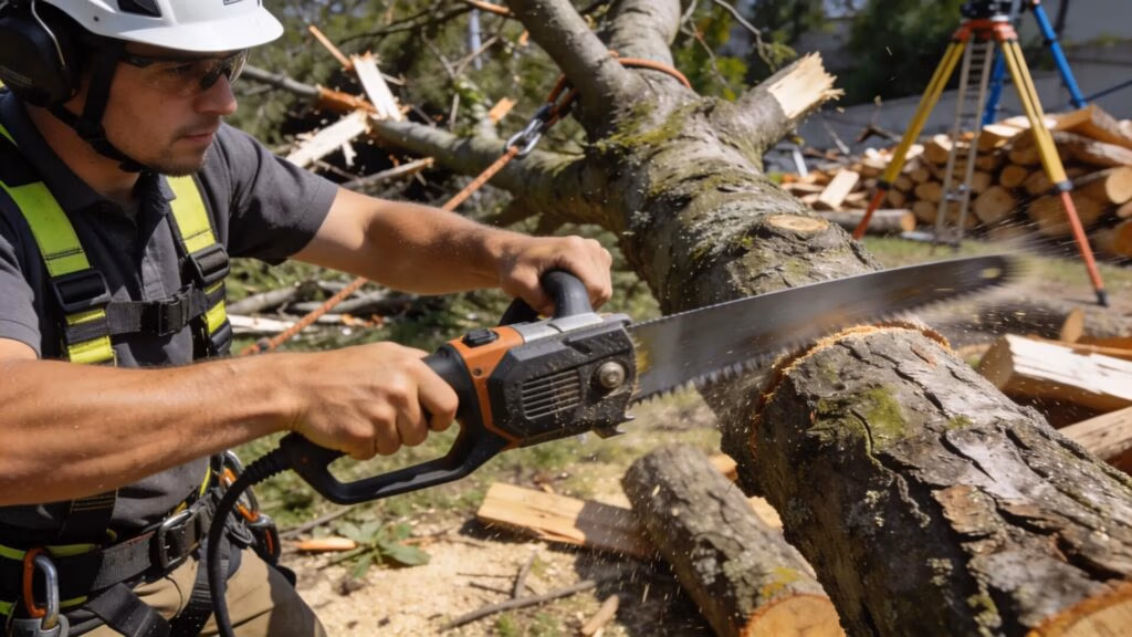 Certified arborist handling safe tree removal techniques for storm damage