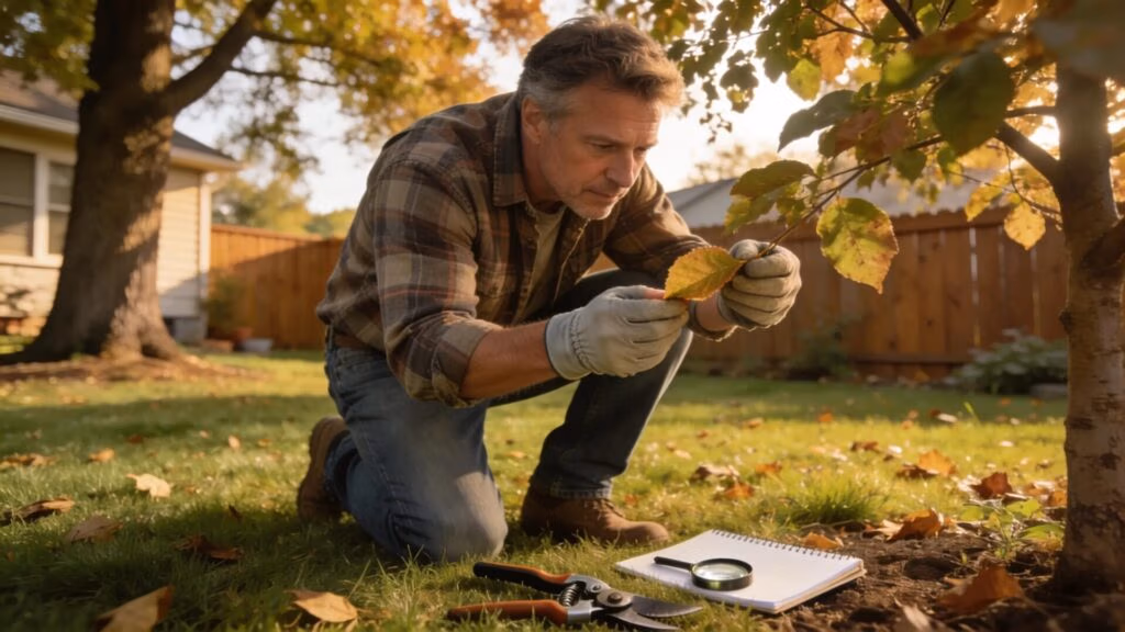 Homeowner inspecting trees for disease prevention in a Wisconsin garden, promoting proactive tree care