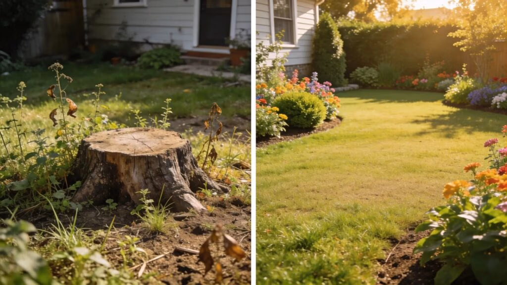 Side-by-side yard transformation showing landscape aesthetics enhanced by stump grinding