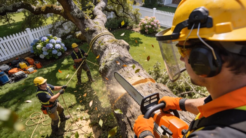 Professional tree removal service team removing a large tree in a residential yard, emphasizing safety and efficiency