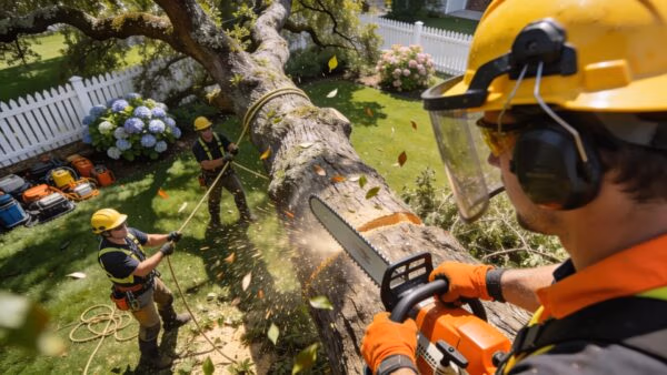 Professional tree removal service team removing a large tree in a residential yard, emphasizing safety and efficiency