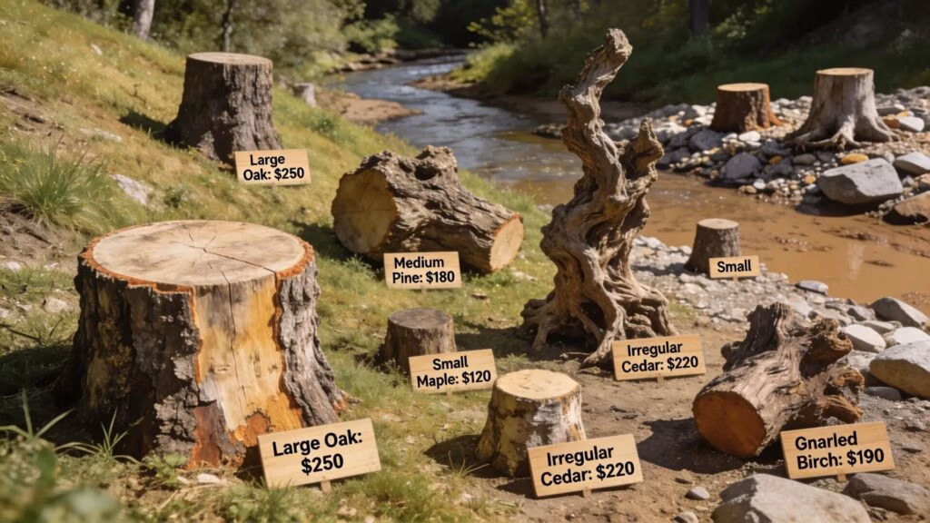 Different tree stumps illustrating factors affecting stump grinding costs, including size and accessibility challenges